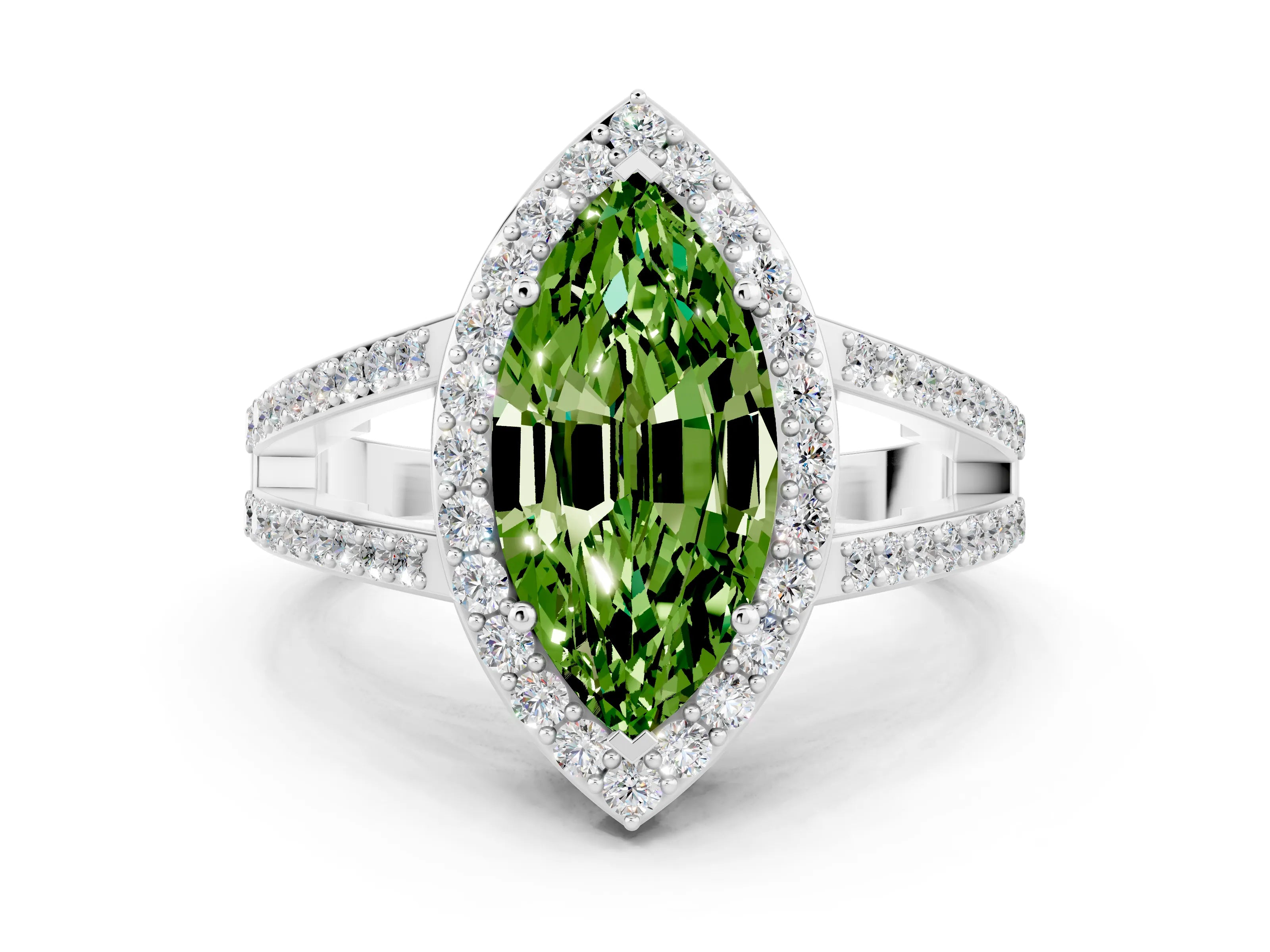 White gold Marquise Cut Peridot Halo Ring with Split Shank U-Prong Band and Four-Prong Setting