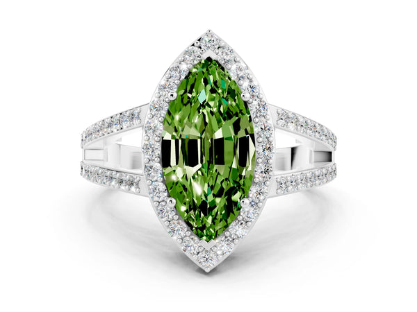 Platinum Marquise Cut Peridot Halo Ring with Split Shank U-Prong Band and Four-Prong Setting