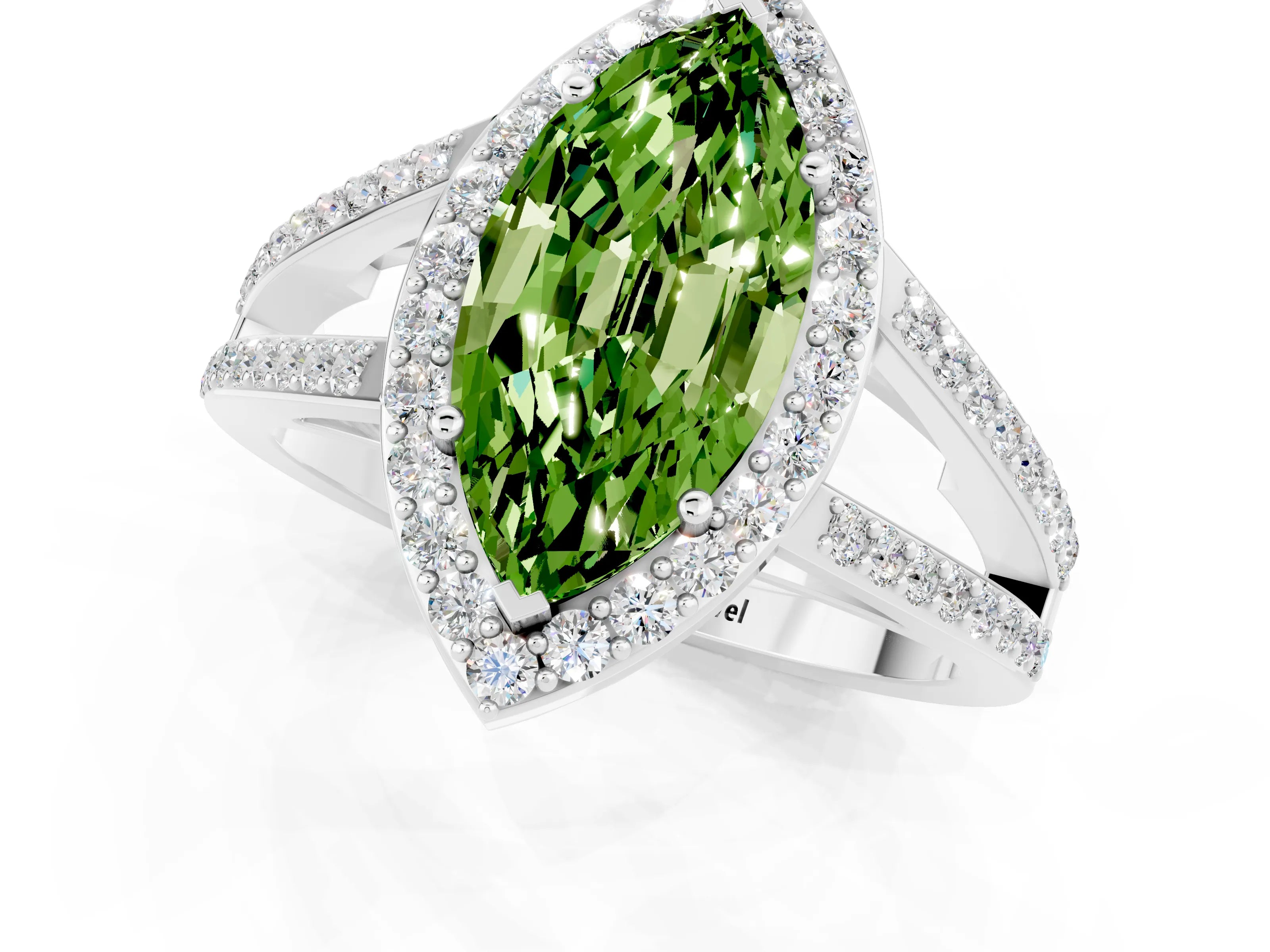 White gold Marquise Cut Peridot Halo Ring with Split Shank U-Prong Band and Four-Prong Setting_1