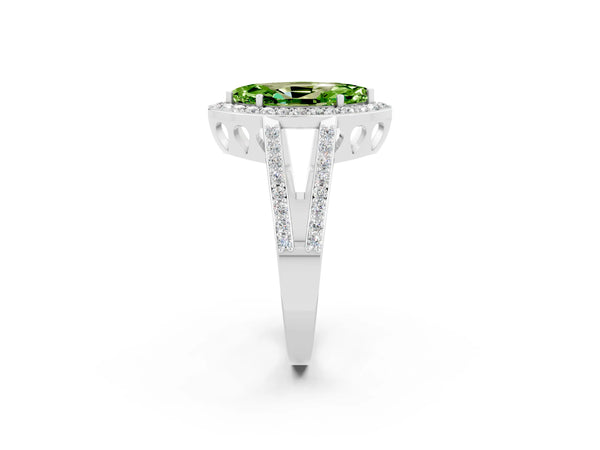 Platinum Marquise Cut Peridot Halo Ring with Split Shank U-Prong Band and Four-Prong Setting