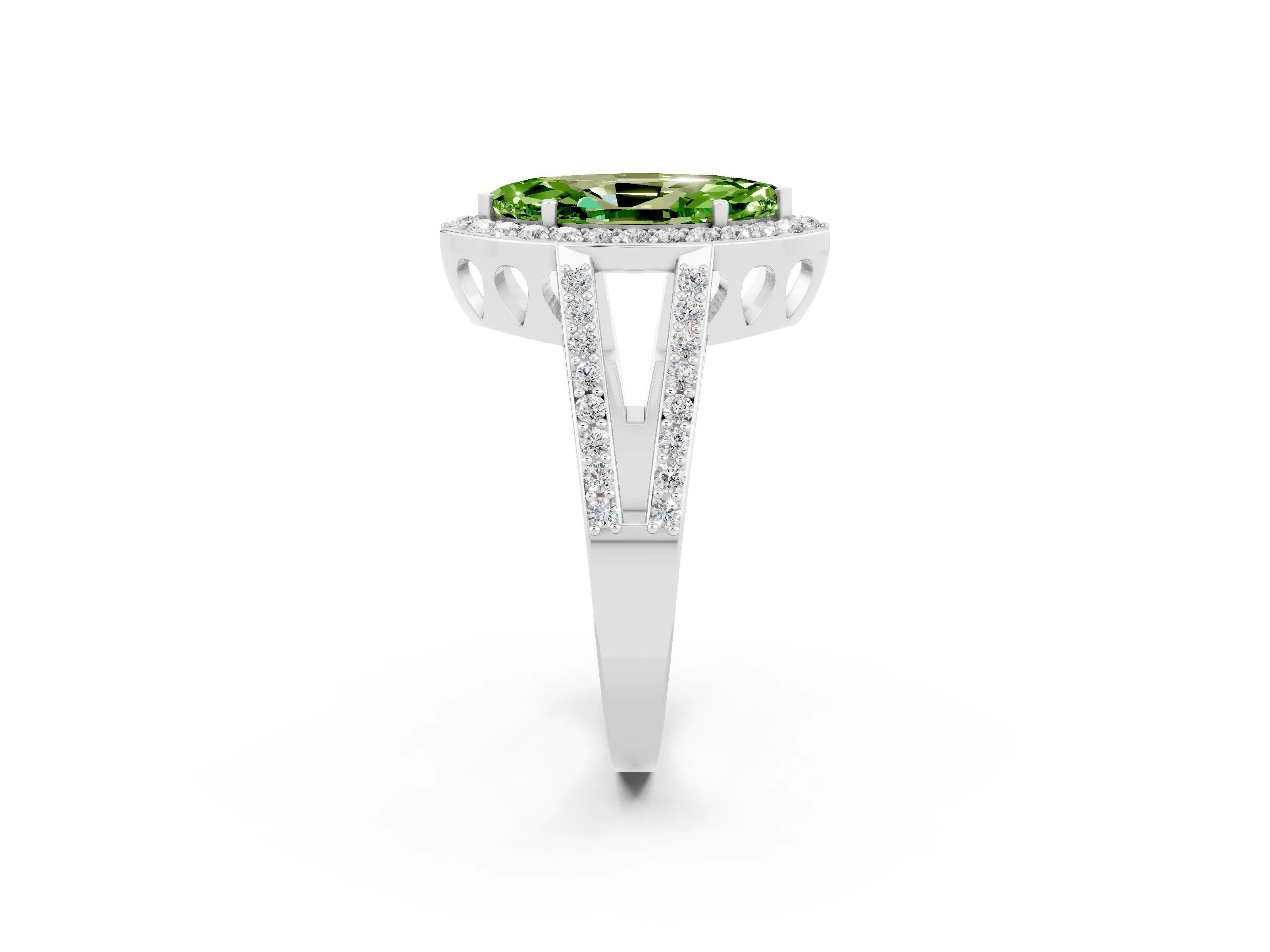 White gold Marquise Cut Peridot Halo Ring with Split Shank U-Prong Band and Four-Prong Setting_2