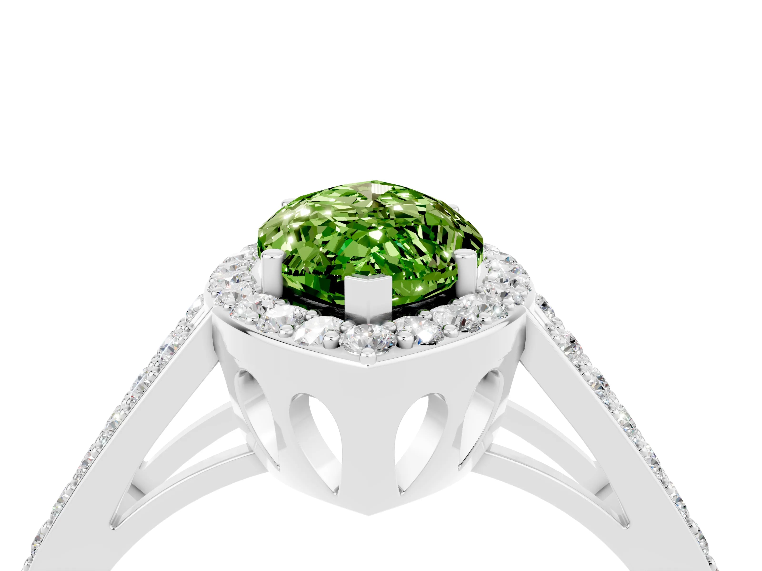 White gold Marquise Cut Peridot Halo Ring with Split Shank U-Prong Band and Four-Prong Setting_4