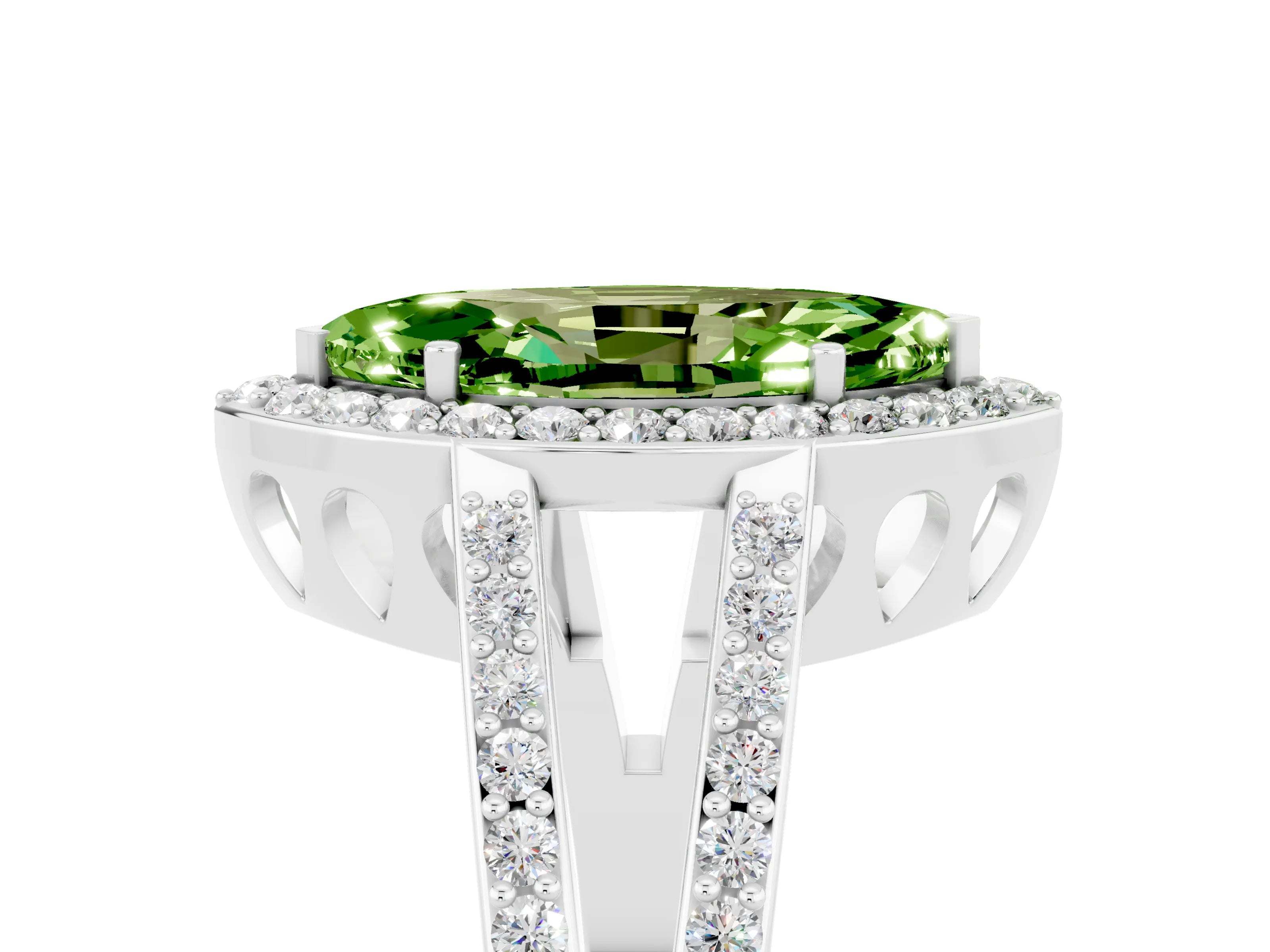 White gold Marquise Cut Peridot Halo Ring with Split Shank U-Prong Band and Four-Prong Setting_5