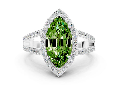 White gold Marquise Cut Peridot Halo Ring with Split Shank U-Prong Band and Four-Prong Setting