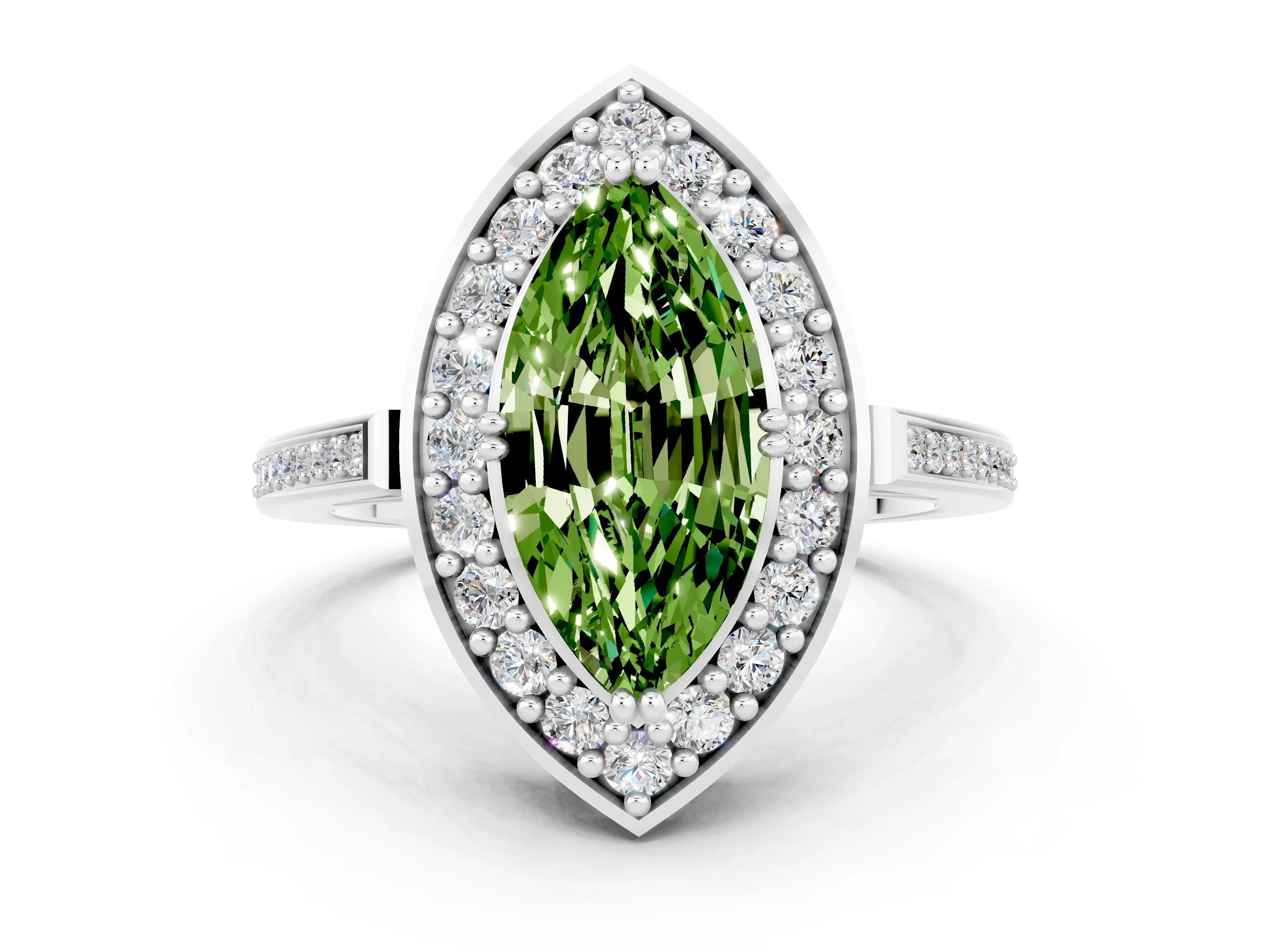 White gold Marquise Cut Peridot Halo Ring with Split Shank and Four-Prong Setting
