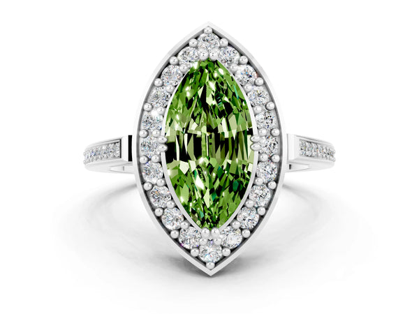 Platinum Marquise Cut Peridot Halo Ring with Split Shank and Four-Prong Setting