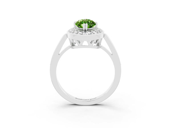 White gold Marquise Cut Peridot Halo Ring with Split Shank and Four-Prong Setting