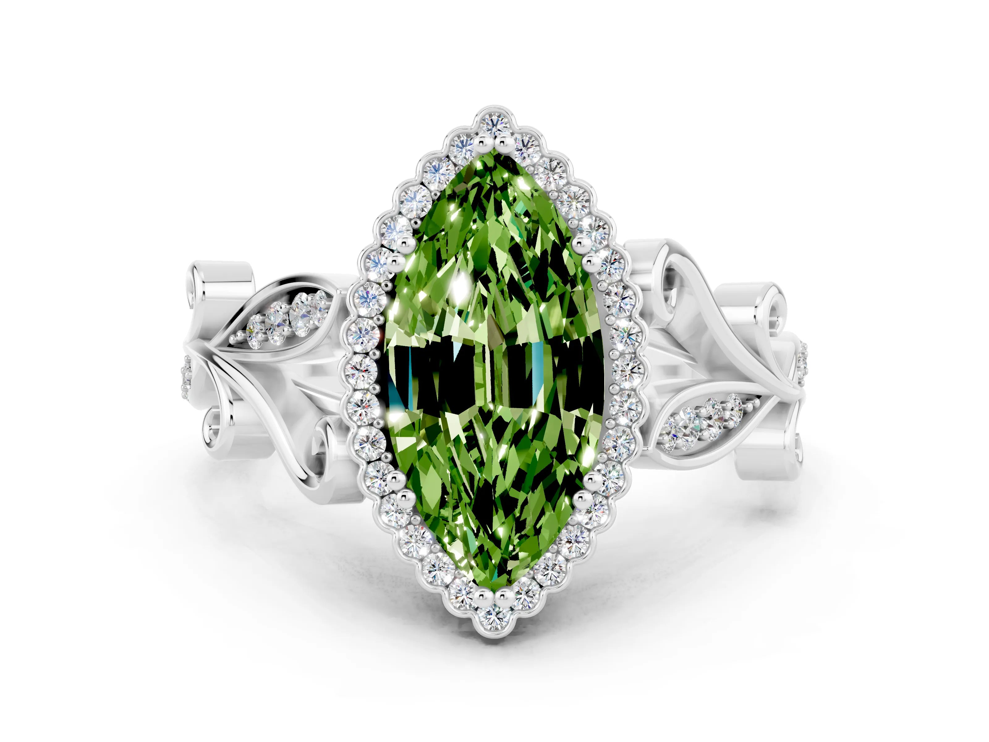 White gold Marquise Cut Peridot Halo Ring with Vintage Split Shank and Four-Prong Setting_24