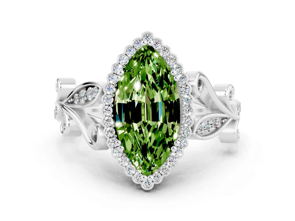 Silver Marquise Cut Peridot Halo Ring with Vintage Split Shank and Four-Prong Setting