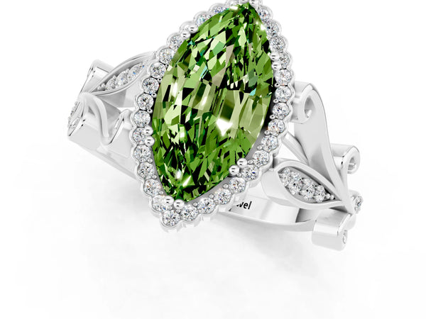 Silver Marquise Cut Peridot Halo Ring with Vintage Split Shank and Four-Prong Setting