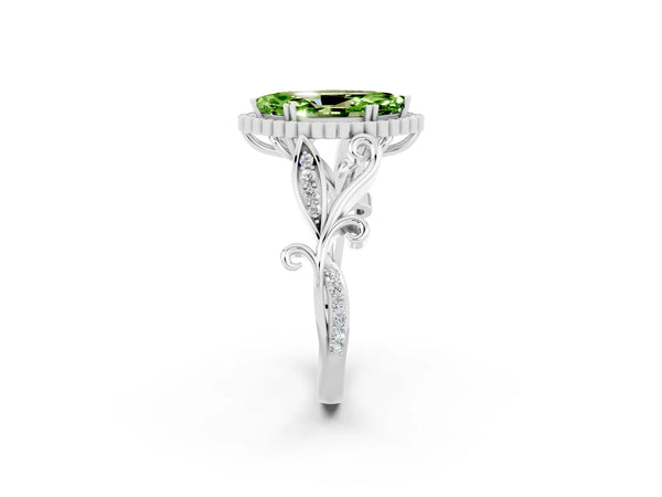 White gold Marquise Cut Peridot Halo Ring with Vintage Split Shank and Four-Prong Setting