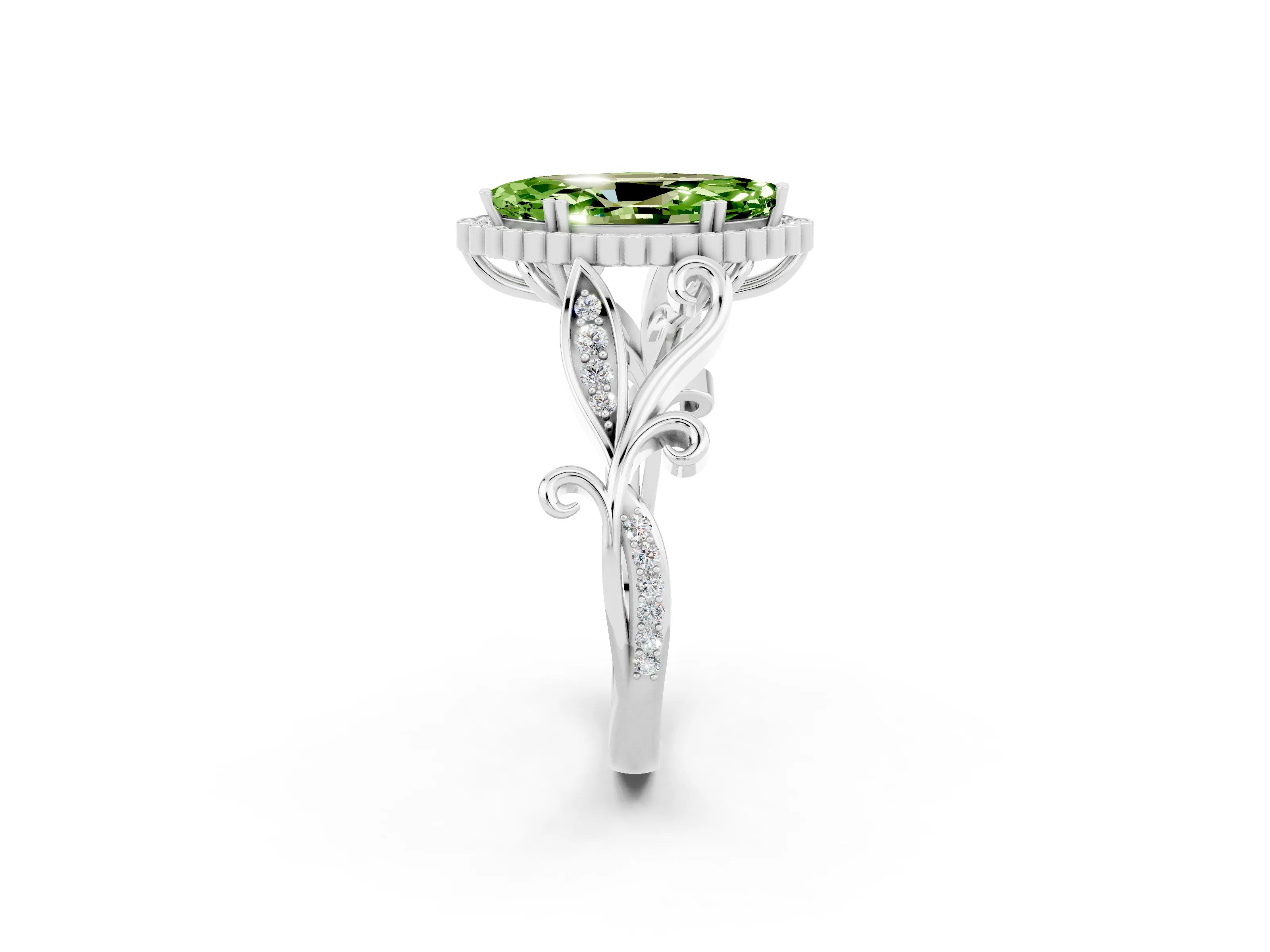 White gold Marquise Cut Peridot Halo Ring with Vintage Split Shank and Four-Prong Setting_26