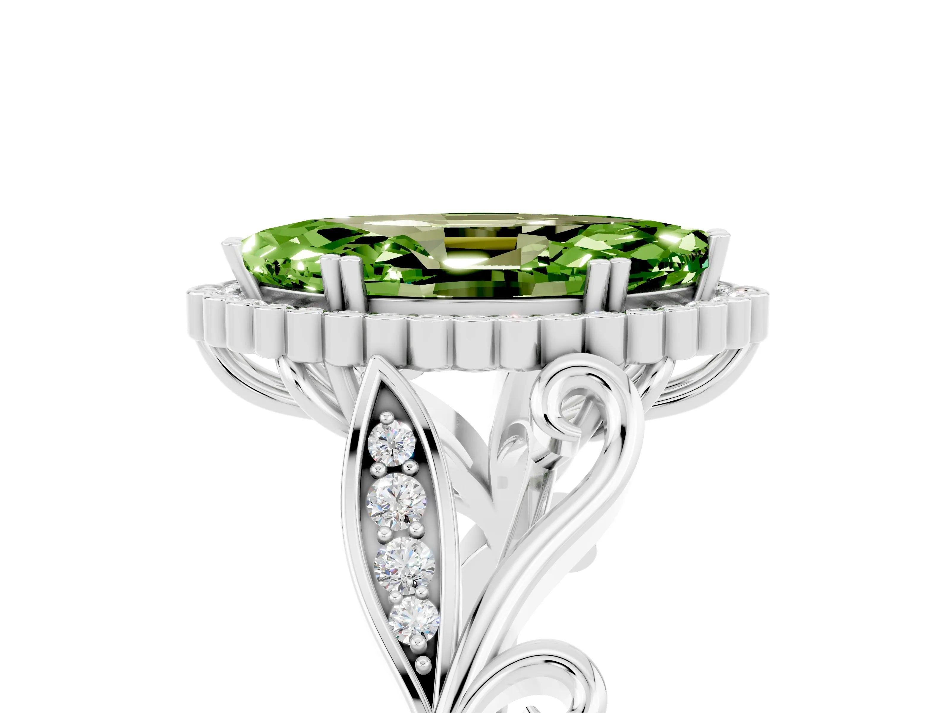 White gold Marquise Cut Peridot Halo Ring with Vintage Split Shank and Four-Prong Setting_29