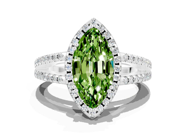 Silver Marquise Cut Peridot Halo Split Shank Engagement Ring