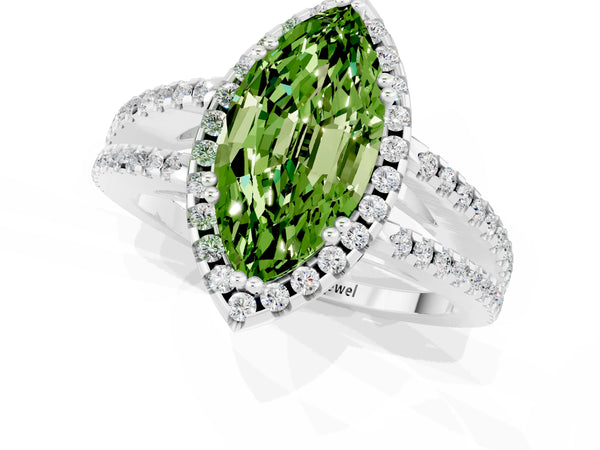 White gold Marquise Cut Peridot Halo Split Shank Engagement Ring