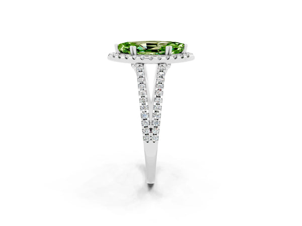 Silver Marquise Cut Peridot Halo Split Shank Engagement Ring