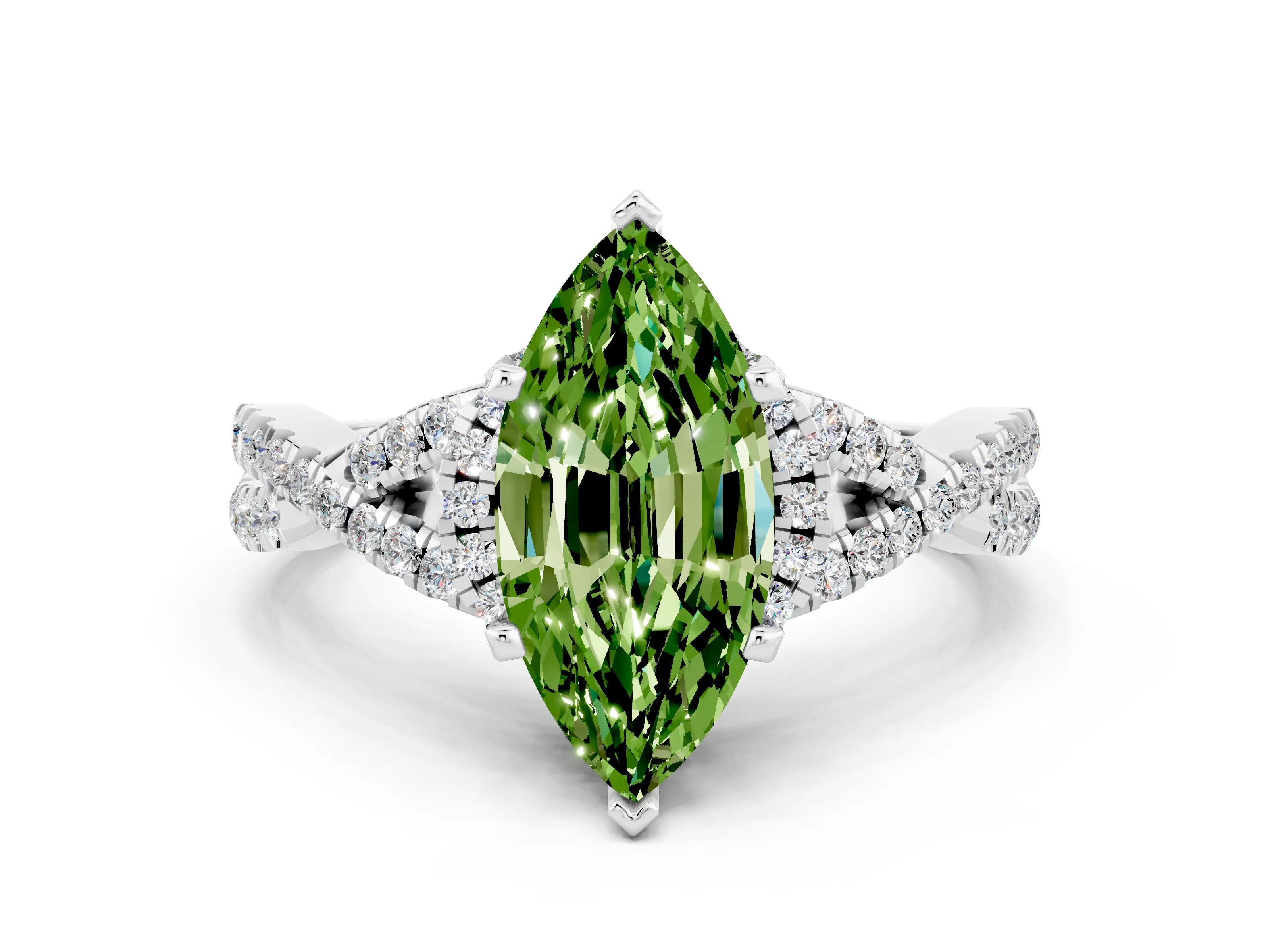 White gold Marquise Cut Peridot Halo Twist Band Solitaire Prong Setting Ring