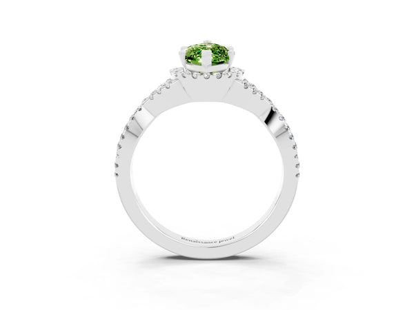 Platinum Marquise Cut Peridot  Halo Twist Band Solitaire Prong Setting Ring