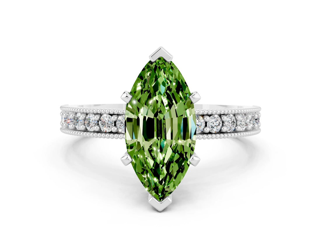 White gold Marquise Cut Peridot Milgrain Pavé Engagement Ring with Four-Prong Setting