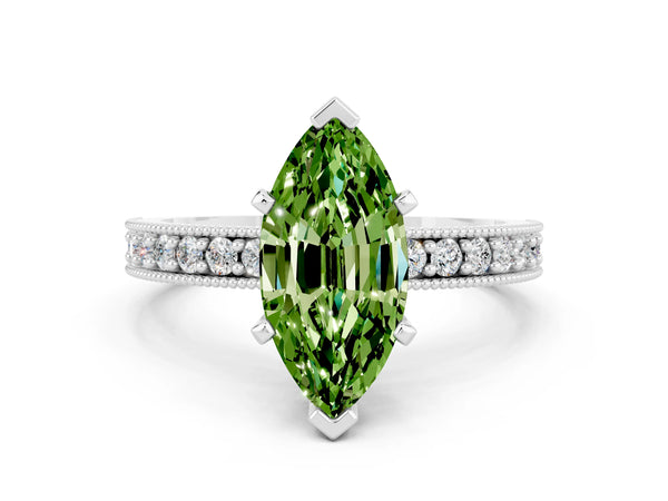 Silver Marquise Cut Peridot Milgrain Pavé Engagement Ring with Four-Prong Setting