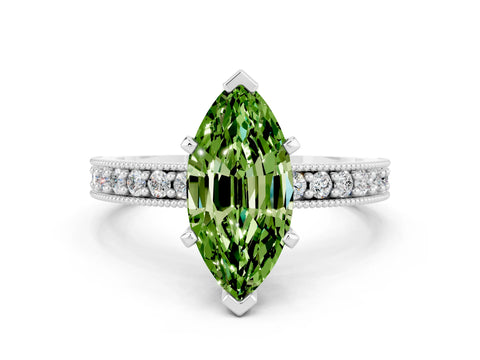 White gold Marquise Cut Peridot Milgrain Pavé Engagement Ring with Four-Prong Setting