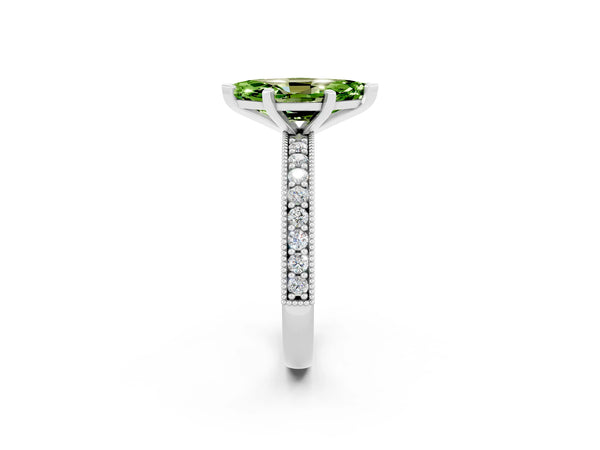 Platinum Marquise Cut Peridot Milgrain Pavé Engagement Ring with Four-Prong Setting