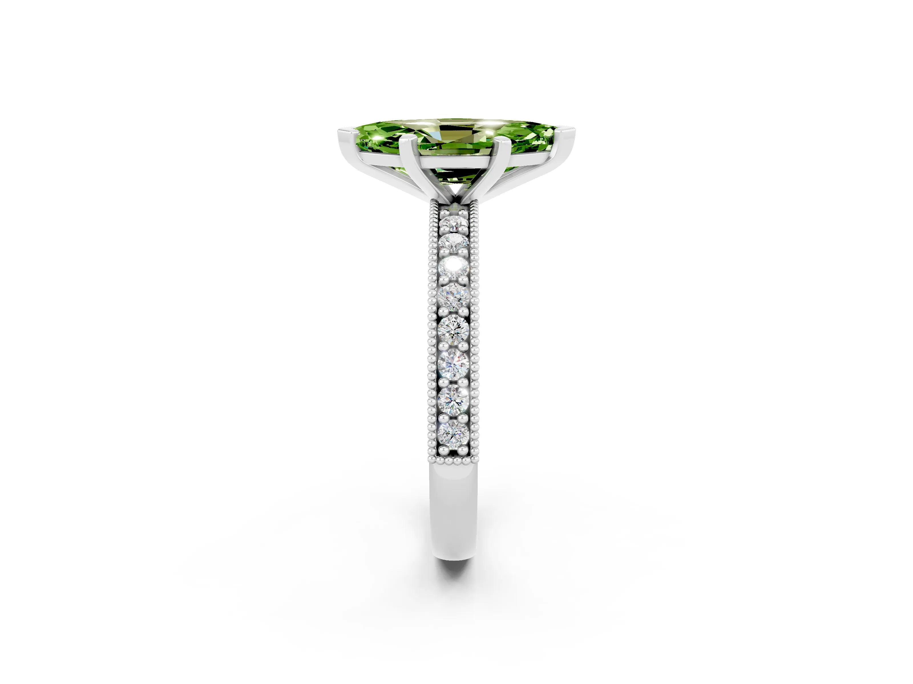 White gold Marquise Cut Peridot Milgrain Pavé Engagement Ring with Four-Prong Setting_2