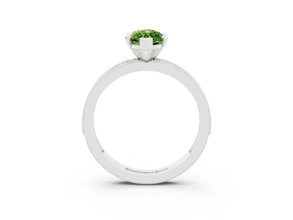 White gold Marquise Cut Peridot Milgrain Pavé Engagement Ring with Four-Prong Setting