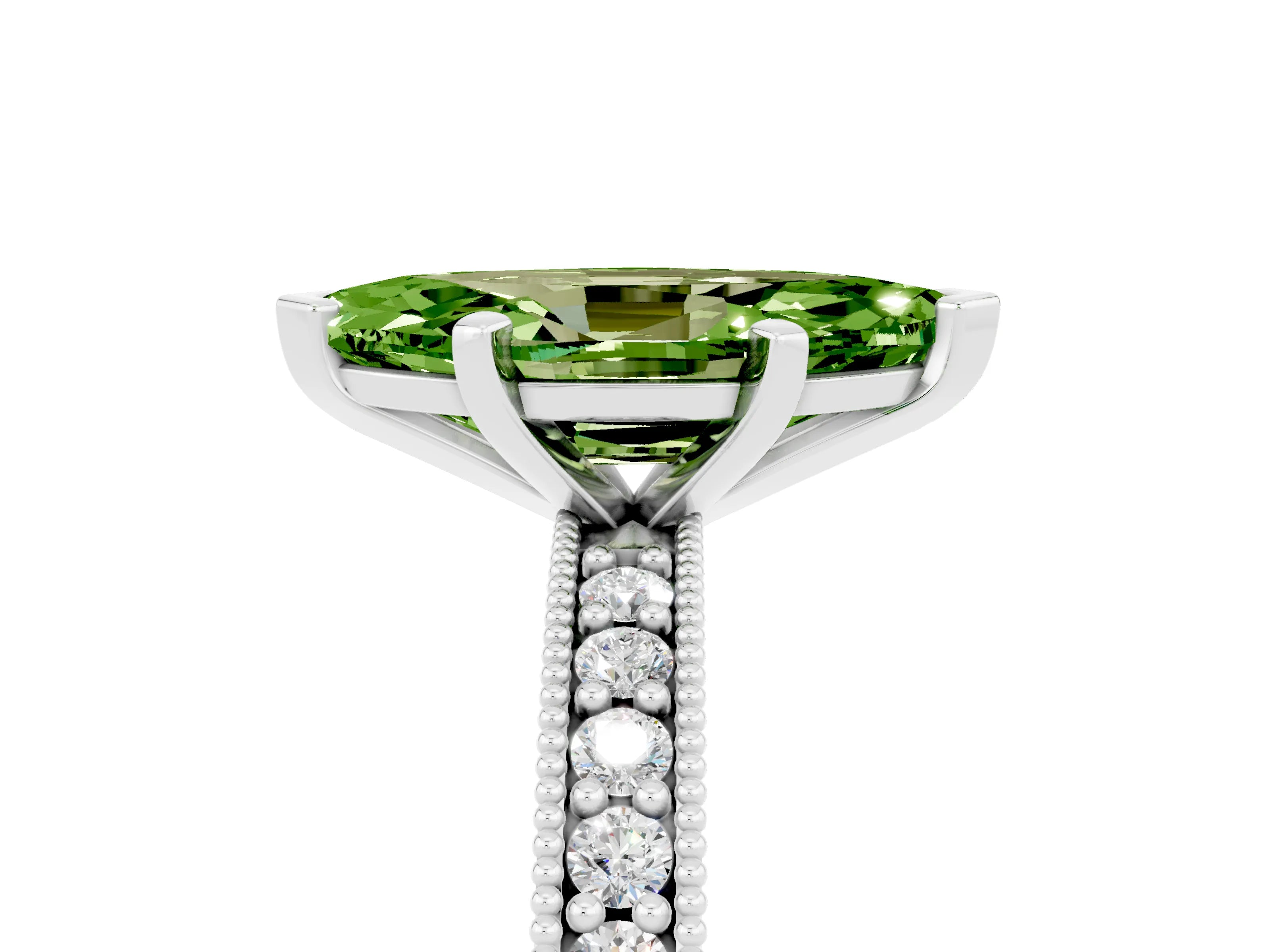 White gold Marquise Cut Peridot Milgrain Pavé Engagement Ring with Four-Prong Setting_5