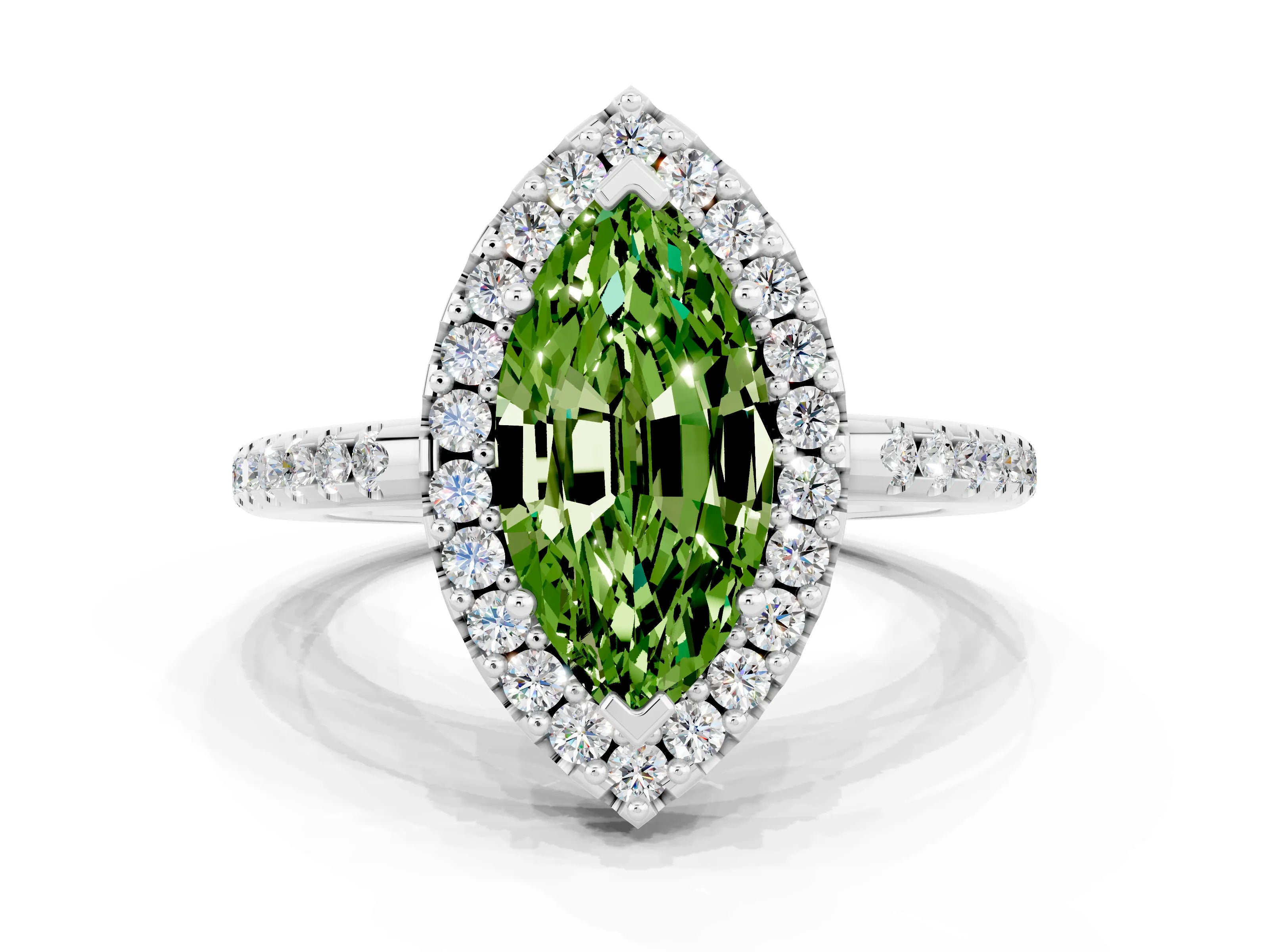 White gold Marquise Cut Peridot Pavé Halo Ring with Four-Prong Setting_12