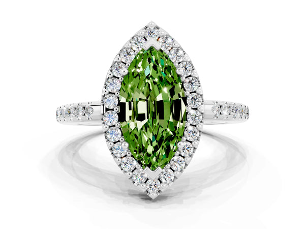 White gold Marquise Cut Peridot Pavé Halo Ring with Four-Prong Setting