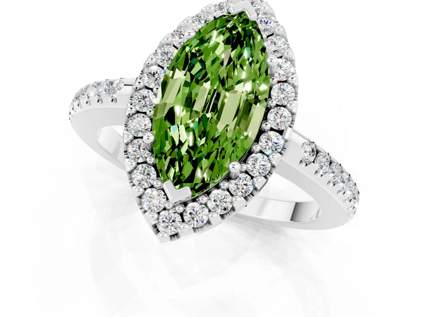 White gold Marquise Cut Peridot Pavé Halo Ring with Four-Prong Setting