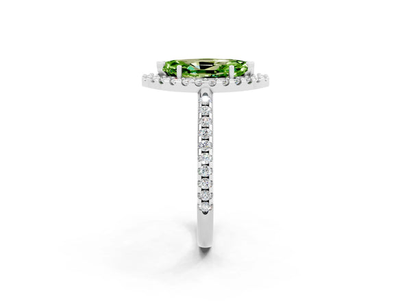 Platinum Marquise Cut Peridot Pavé Halo Ring with Four-Prong Setting