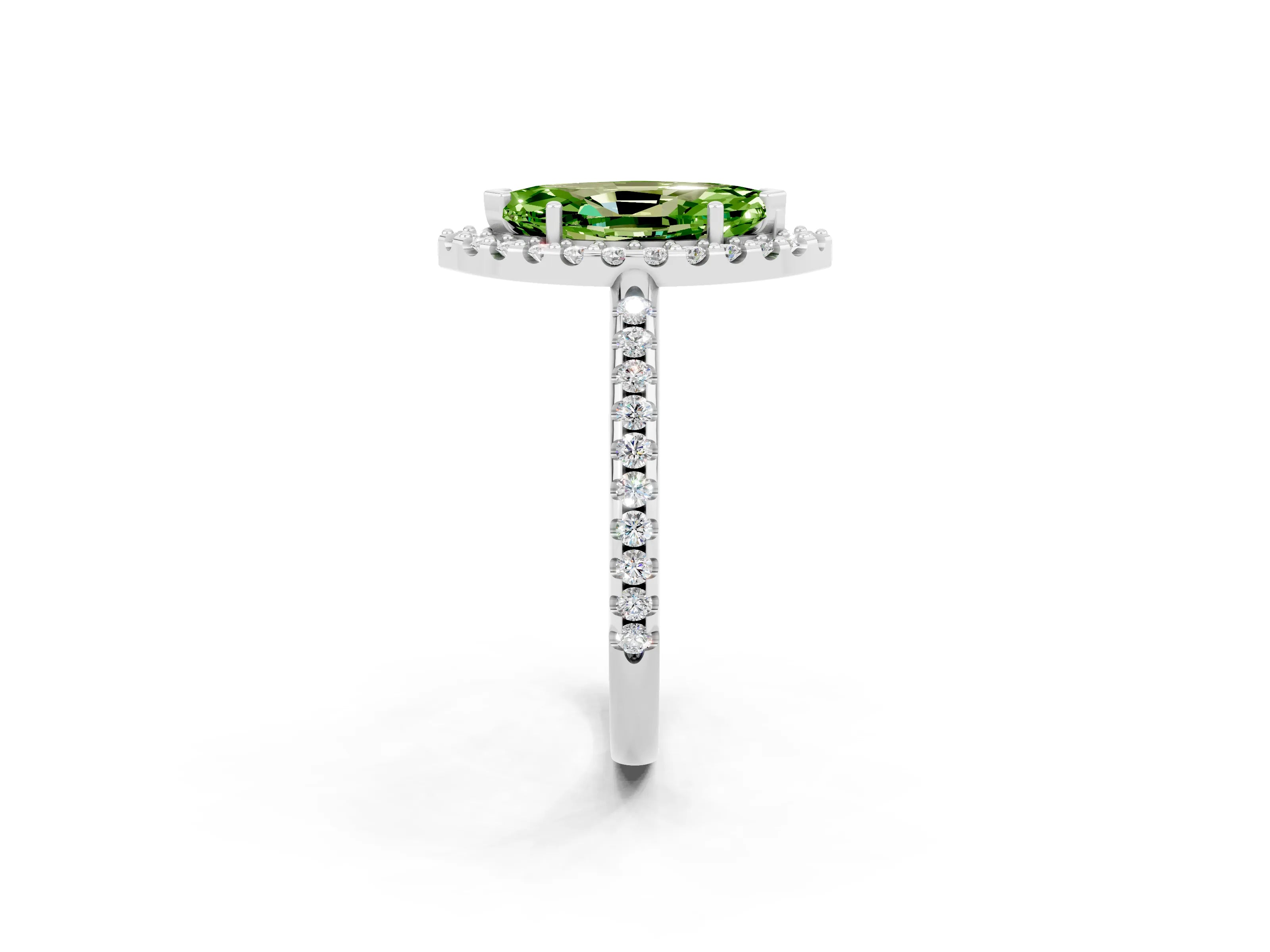White gold Marquise Cut Peridot Pavé Halo Ring with Four-Prong Setting_14