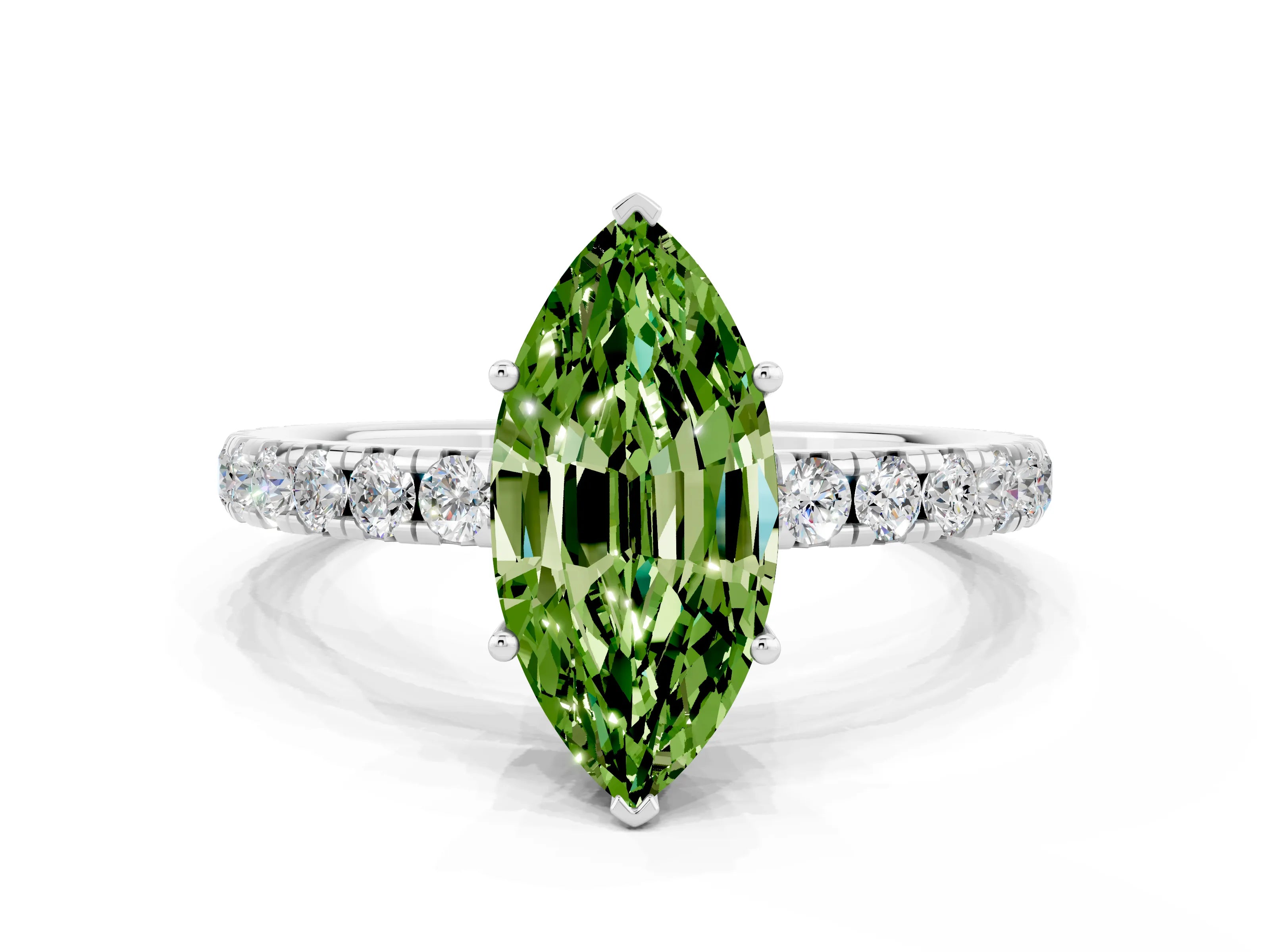 White gold Marquise Cut Peridot Pavé Solitaire Engagement Ring with Four-Prong Setting_12