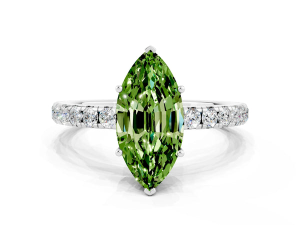 Silver Marquise Cut Peridot Pavé Solitaire Engagement Ring with Four-Prong Setting