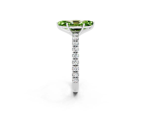 Platinum Marquise Cut Peridot Pavé Solitaire Engagement Ring with Four-Prong Setting