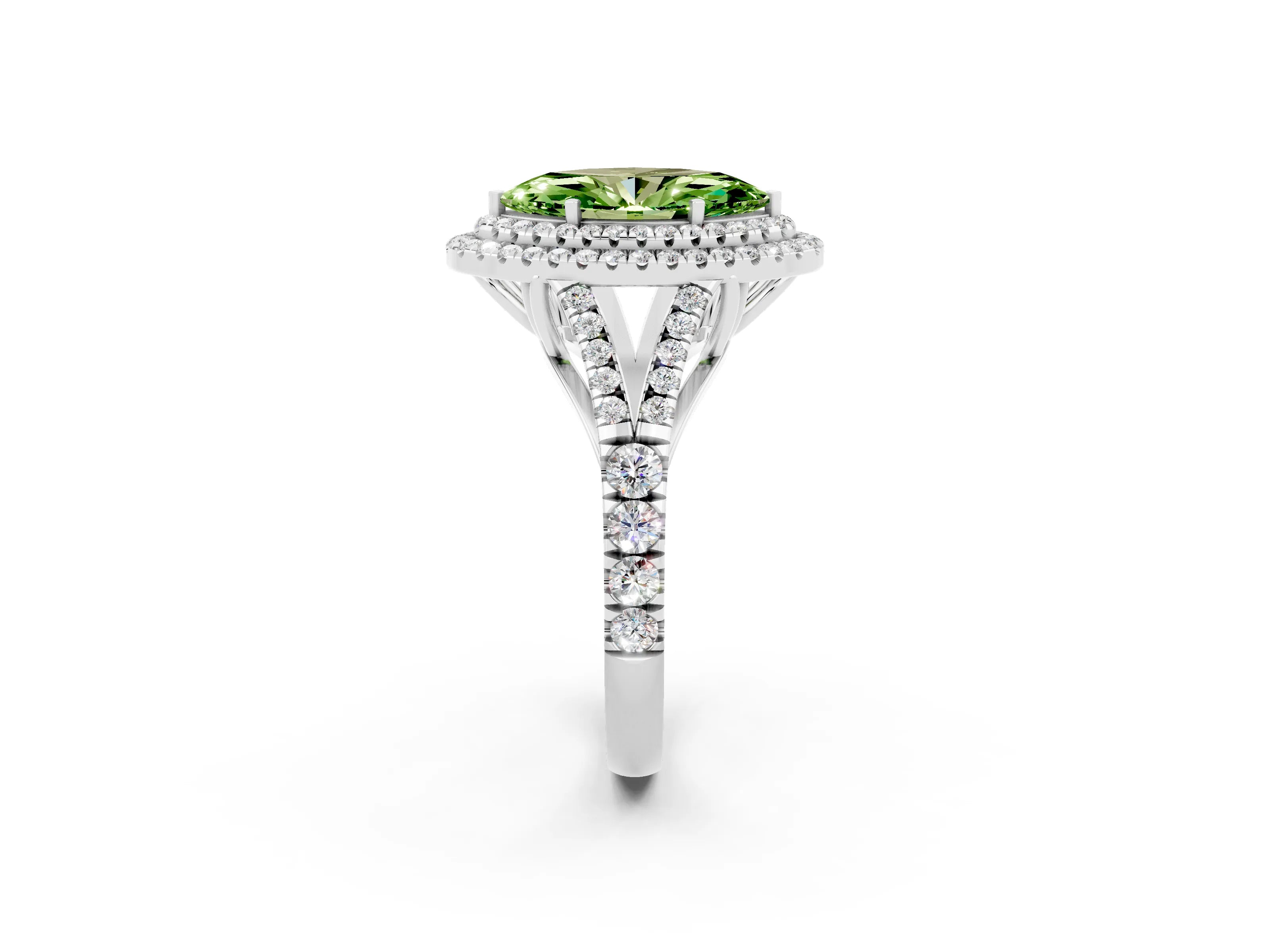 White gold Marquise Cut Peridot Pavé Split Shank Double Halo Engagement Ring_2