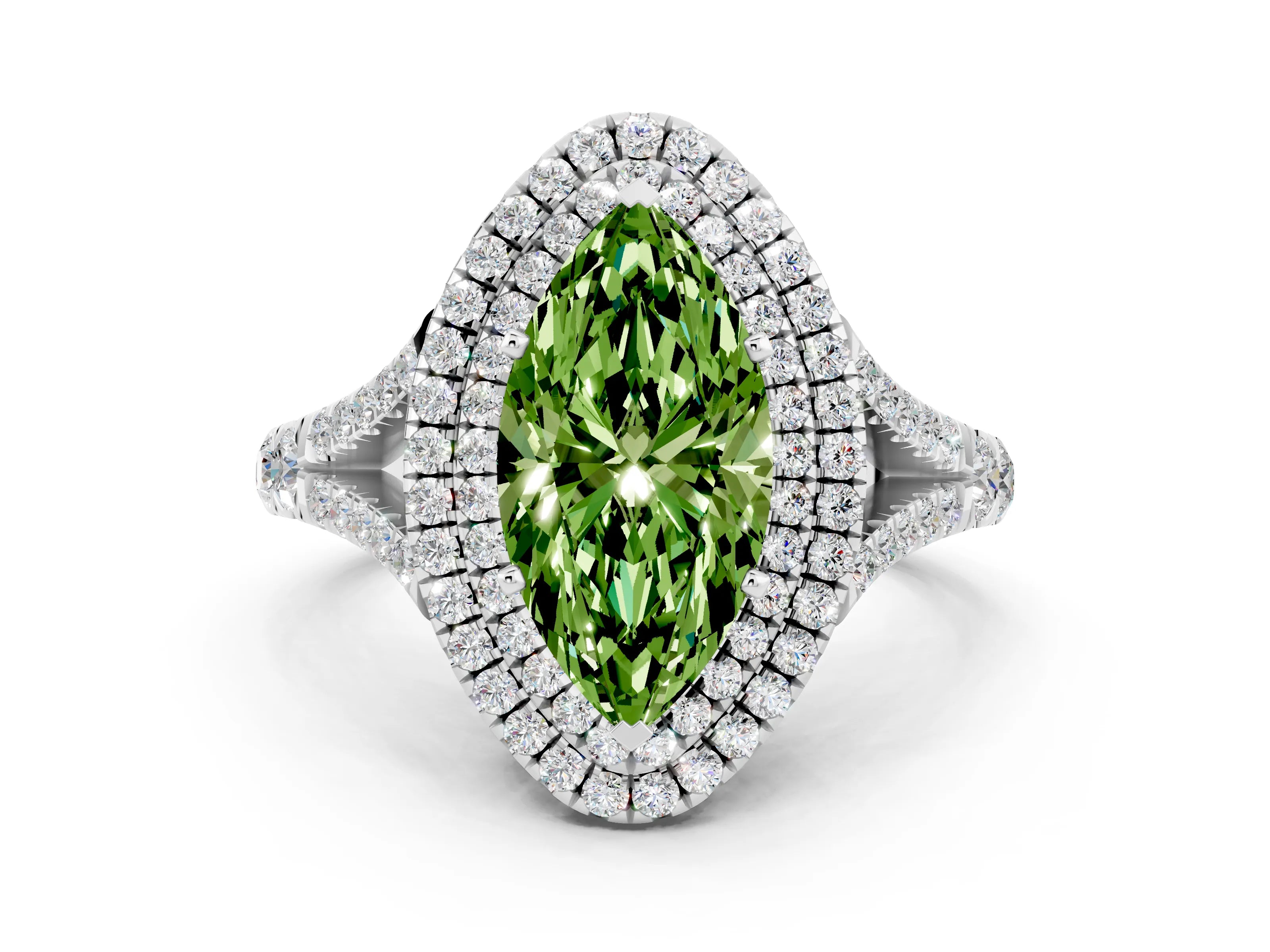 White gold Marquise Cut Peridot Pavé Split Shank Double Halo Engagement Ring