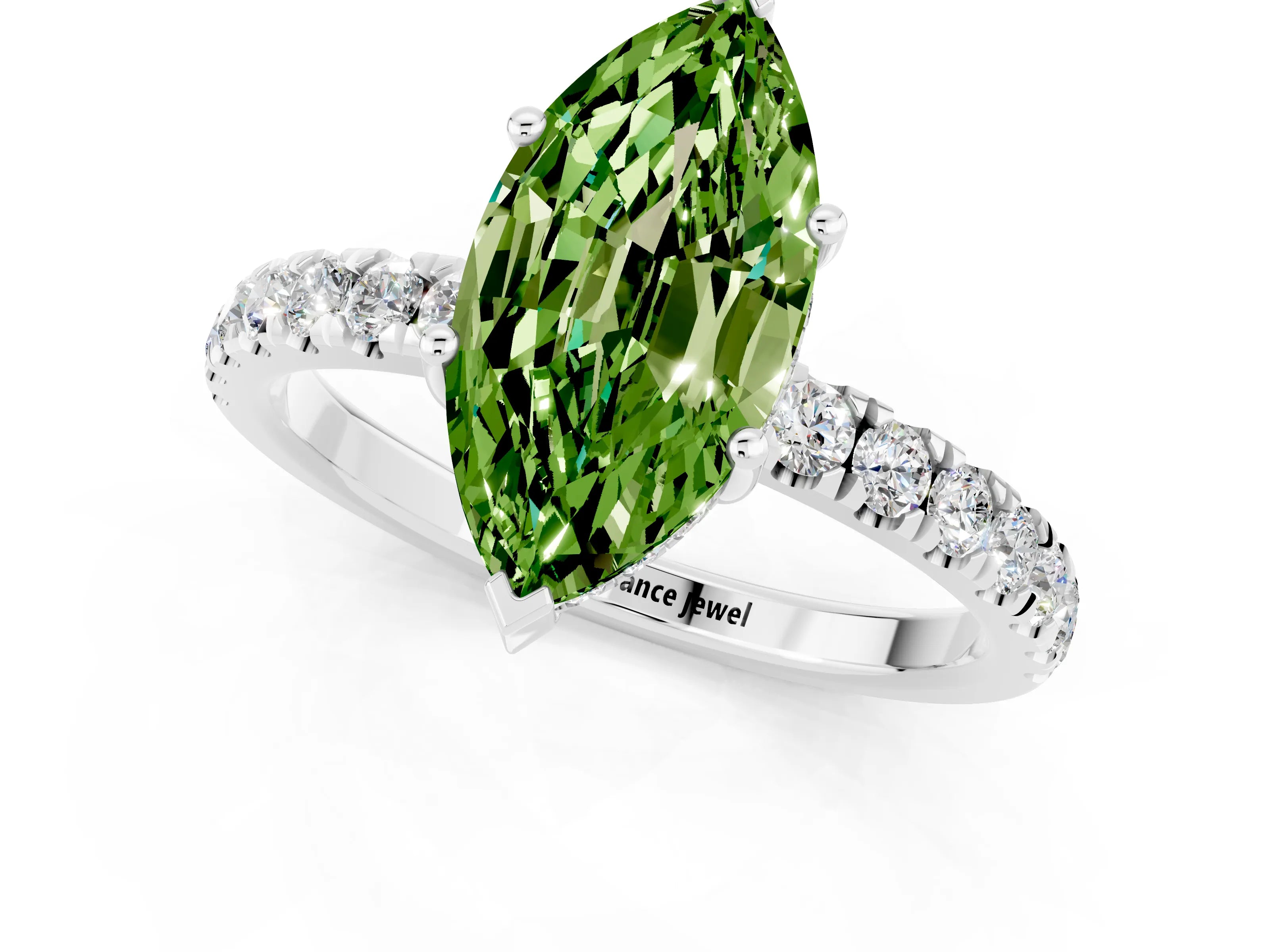 White gold Marquise Cut Peridot Pave Band Solitaire Ring with Four-Prong Setting_25
