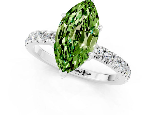 Silver Marquise Cut Peridot Pave Band Solitaire Ring with Round  and Prong Setting
