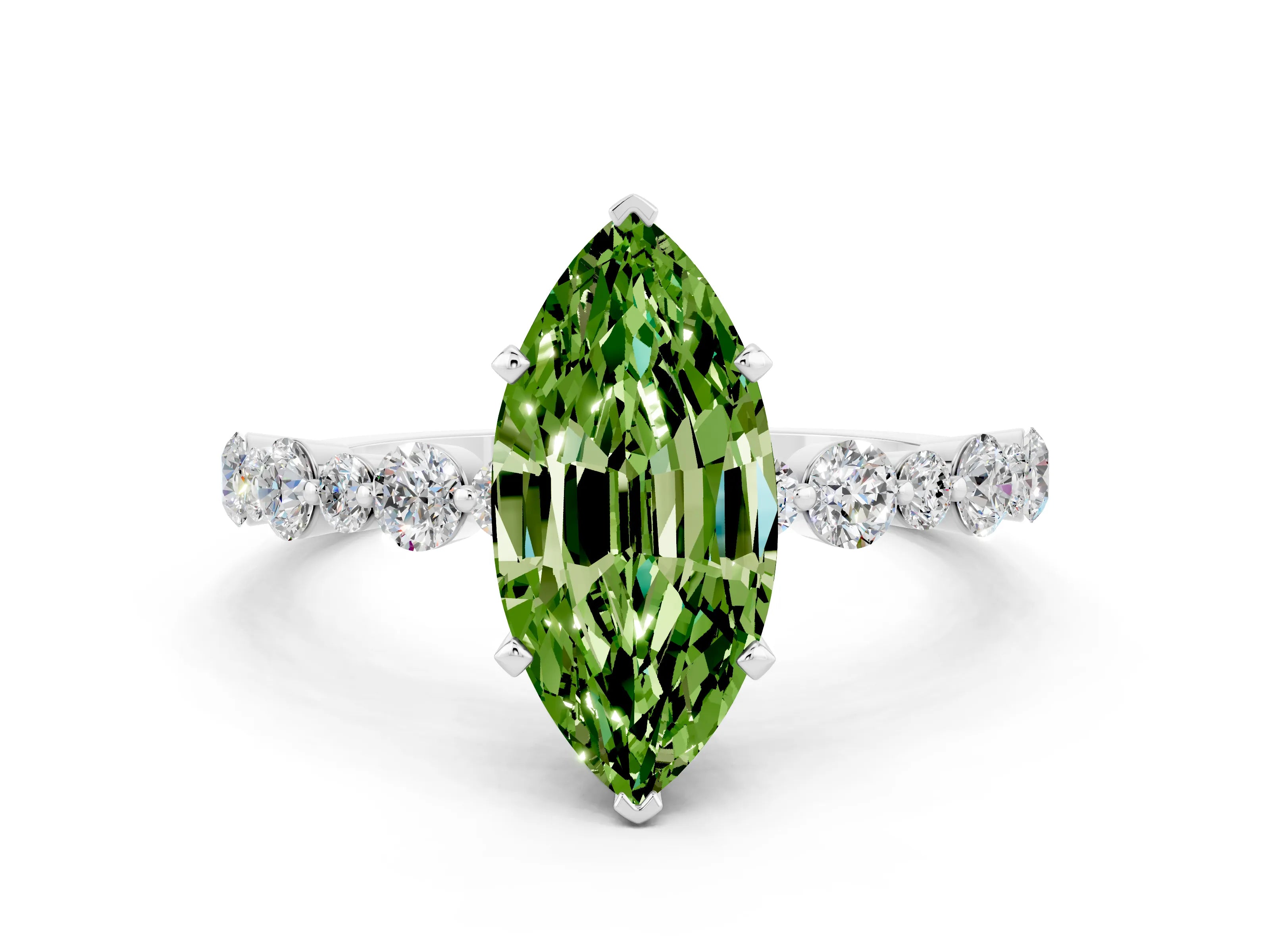 White gold Marquise Cut Peridot Prong Set Engagement Ring with Pavé Band