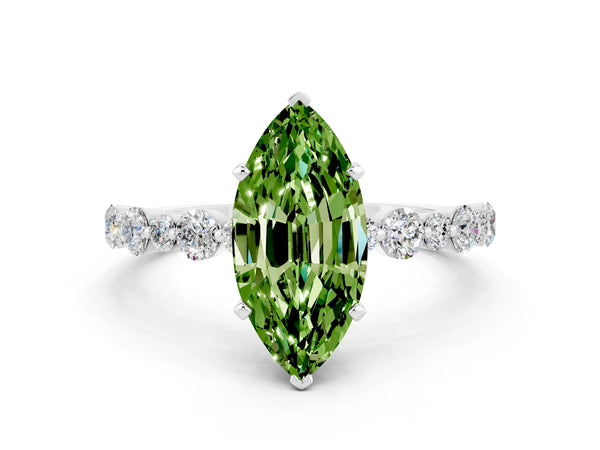 White gold Marquise Cut Peridot Prong Set Engagement Ring with Pavé Band