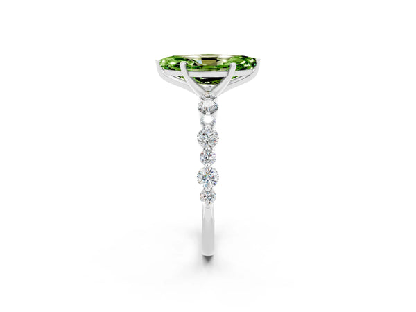 Silver Marquise Cut Peridot Prong Set Engagement Ring with Pavé Band