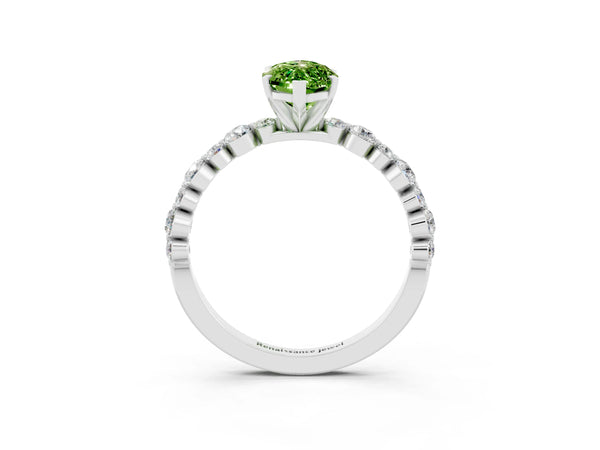 Silver Marquise Cut Peridot Prong Set Engagement Ring with Pavé Band