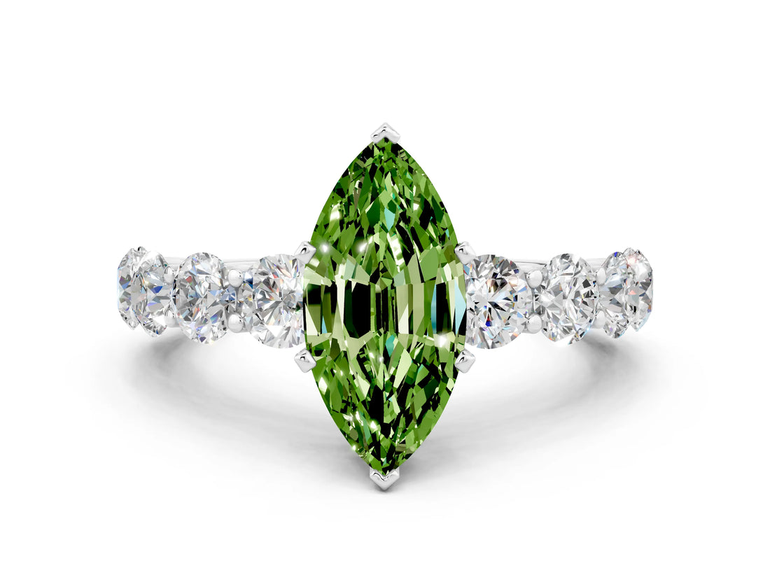 White gold Marquise Cut Peridot Prong Setting with Side Stones on a Pave Band
