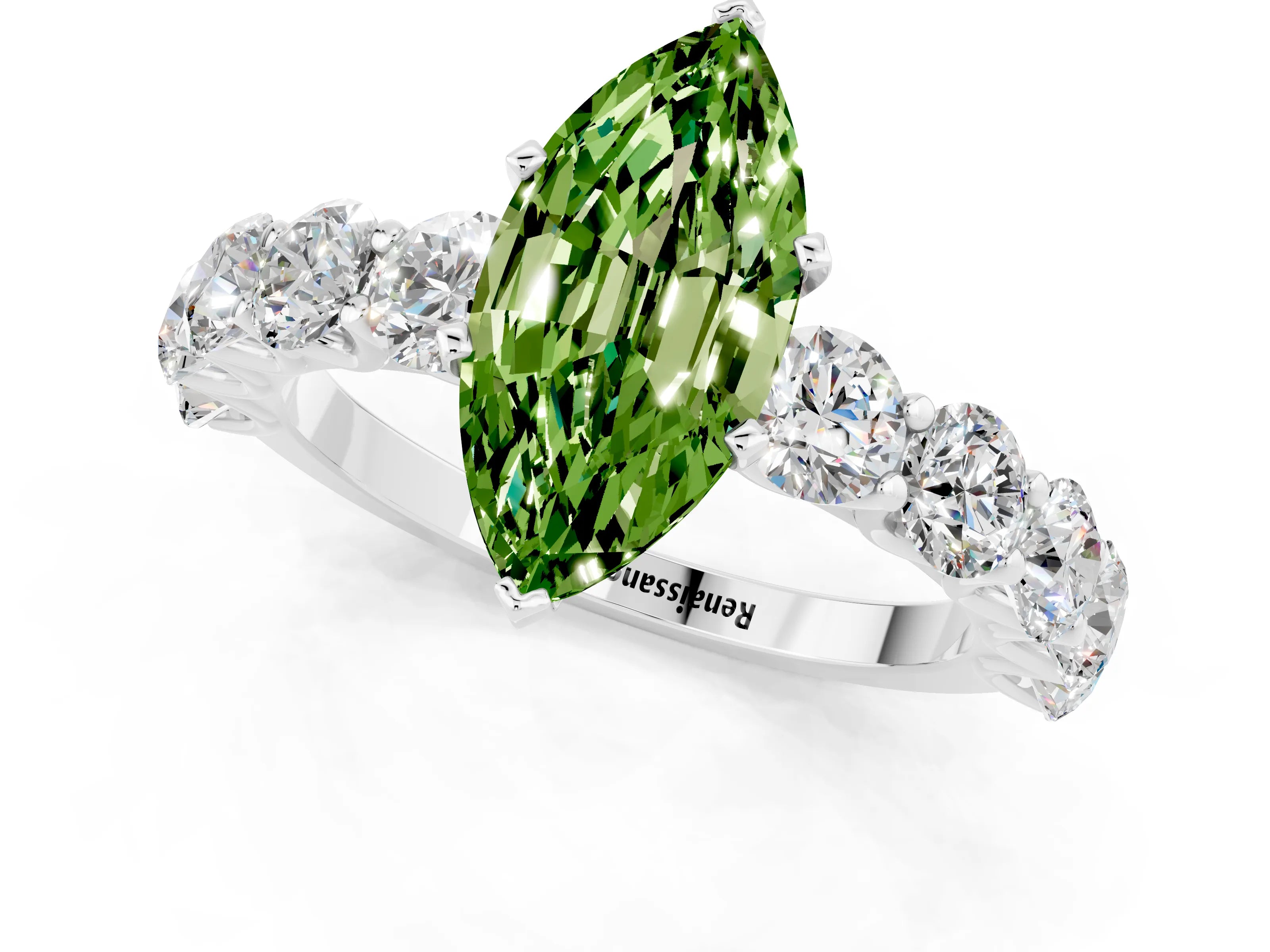 White gold Marquise Cut Peridot Prong Setting with Side Stones on a Pave Band_1