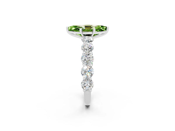 Platinum Marquise Cut Peridot Prong Setting with Side Stones on a Pave Band