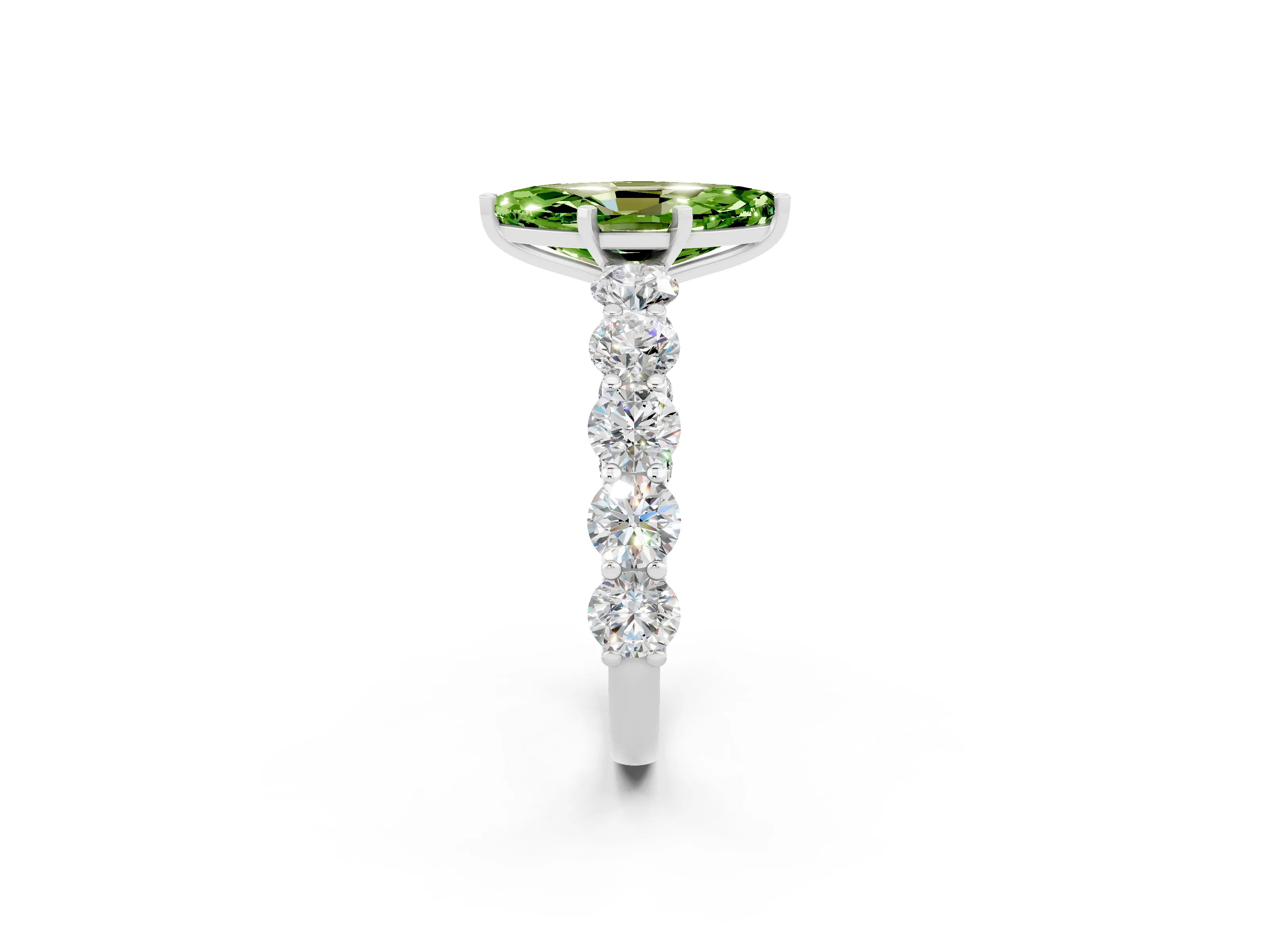 White gold Marquise Cut Peridot Prong Setting with Side Stones on a Pave Band_2