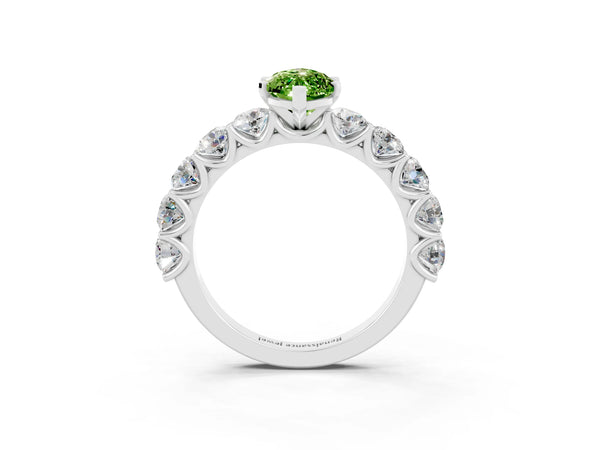 White gold Marquise Cut Peridot Prong Setting with Side Stones on a Pave Band